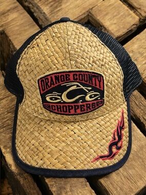 Orange County Choppers Straw Trucker Hat - Tan & Black with Red Flame Patch O/S